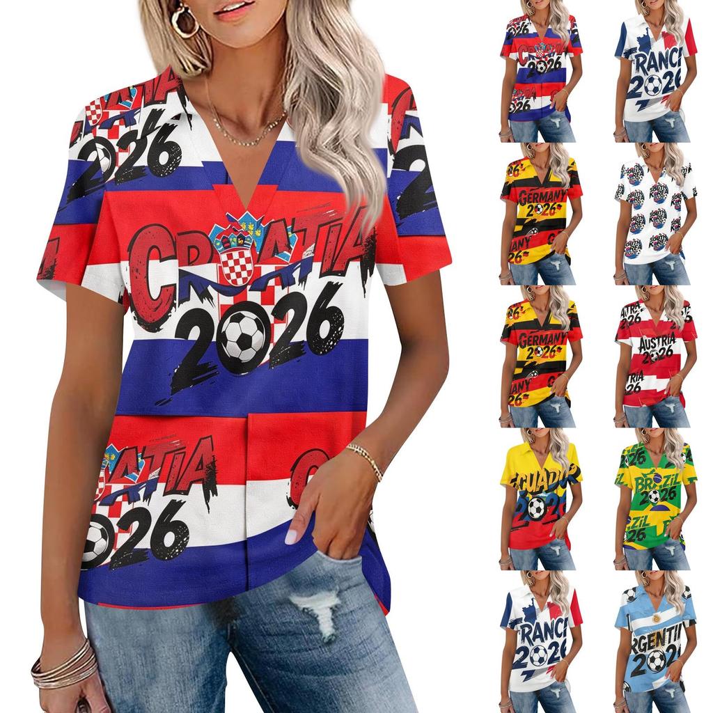 Women's Casual V Neck Short Sleeve T Shirt World Cup Print Polo Style Top Lightweight Comfortable Fit