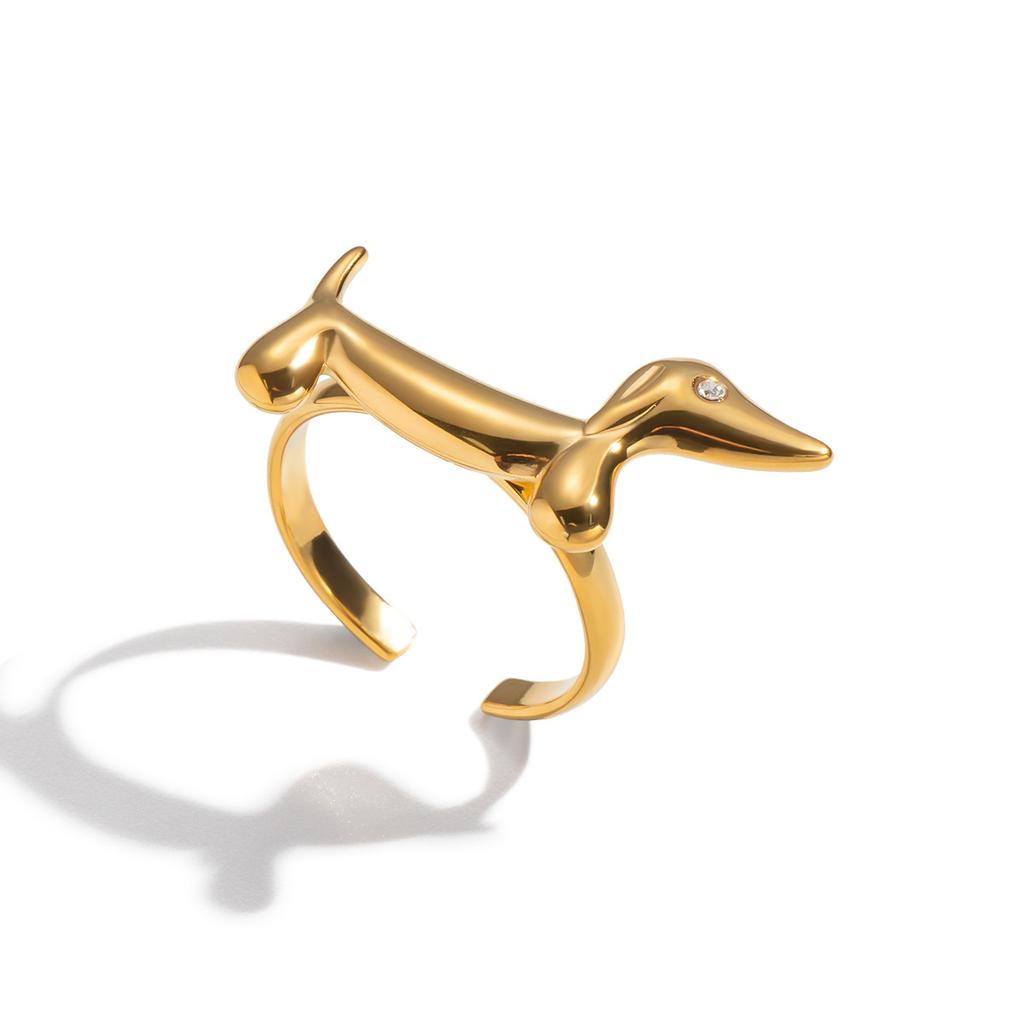 Stainless Steel Dachshund Dog and Cat Rings White Zirconia Inlaid Open Sausage Dog Rings for Women Adjustable Animal Jewelry
