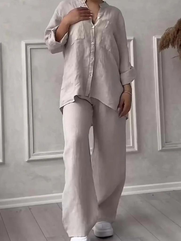 New Women's Solid Color One-Button Long Sleeve Shirt Two-Piece Set Wide Leg Pants with Tie Waist Trousers for Women