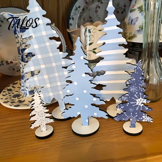 Staggered Tree Set Decorations 5Pcs Wooden Christmas Ornaments, Nordic Style Blue And White Small Village Scenes Plaid/Snowflake/Polka Dot Desktop for