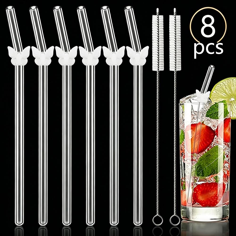 8 Stück Glasstrohhalme mit Schmetterlingsdesign und Bürste 200*8mm Wiederverwendbares Trinkhalm-Set Milchshakes Cocktail Kaffee-Strohhalme Haushalts-Bar-Zubehör