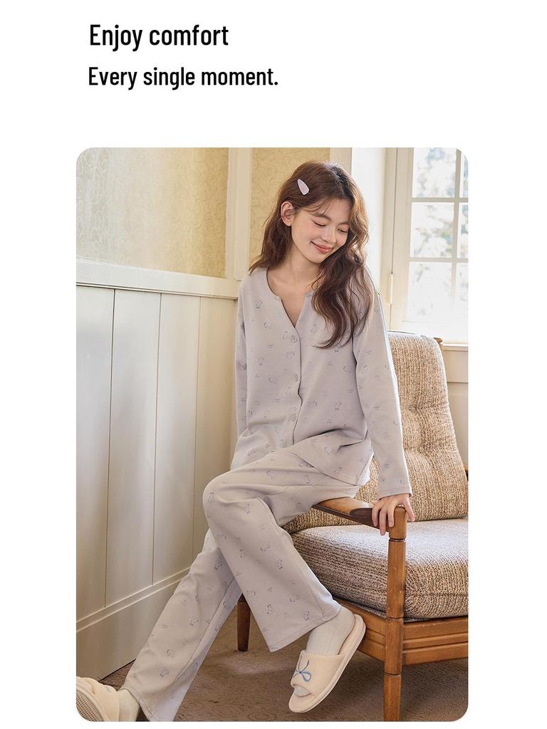 Women's V-Neck Cotton Cardigan with Chest Pads - Long Sleeve, Sweet Cartoon Design for Home or Casual Wear in Spring and Autumn.