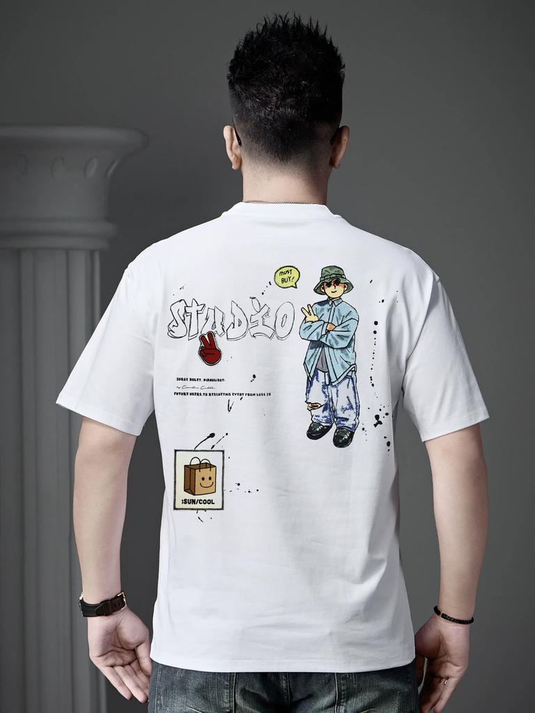 European Goods 2025 New Summer Trendy Brand Cartoon Embroidery Printed Short-Sleeved T-Shirt Men's Round Neck Top Half-Sleeved T-Shirt