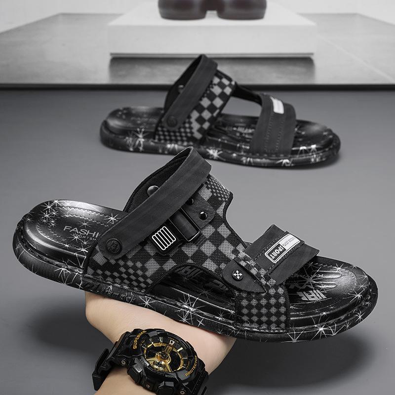 

Модные мужские пляжные сандалии, модная клетчатая дышащая повседневная обувь, летние новые молодежные тапочки для мужчин, два способа плетения 44 чёрный