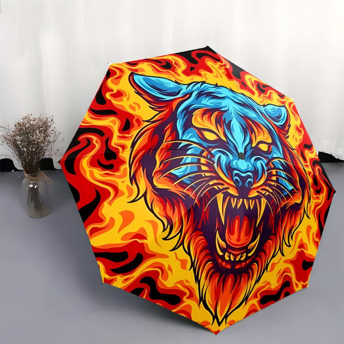 

Open/Close Portable Folding Umbrella with Tiger Flame Design - Raining/Gleaming Umbrella Suitable for Travel, Backpack, Holida (as the picture,iron&8K)
