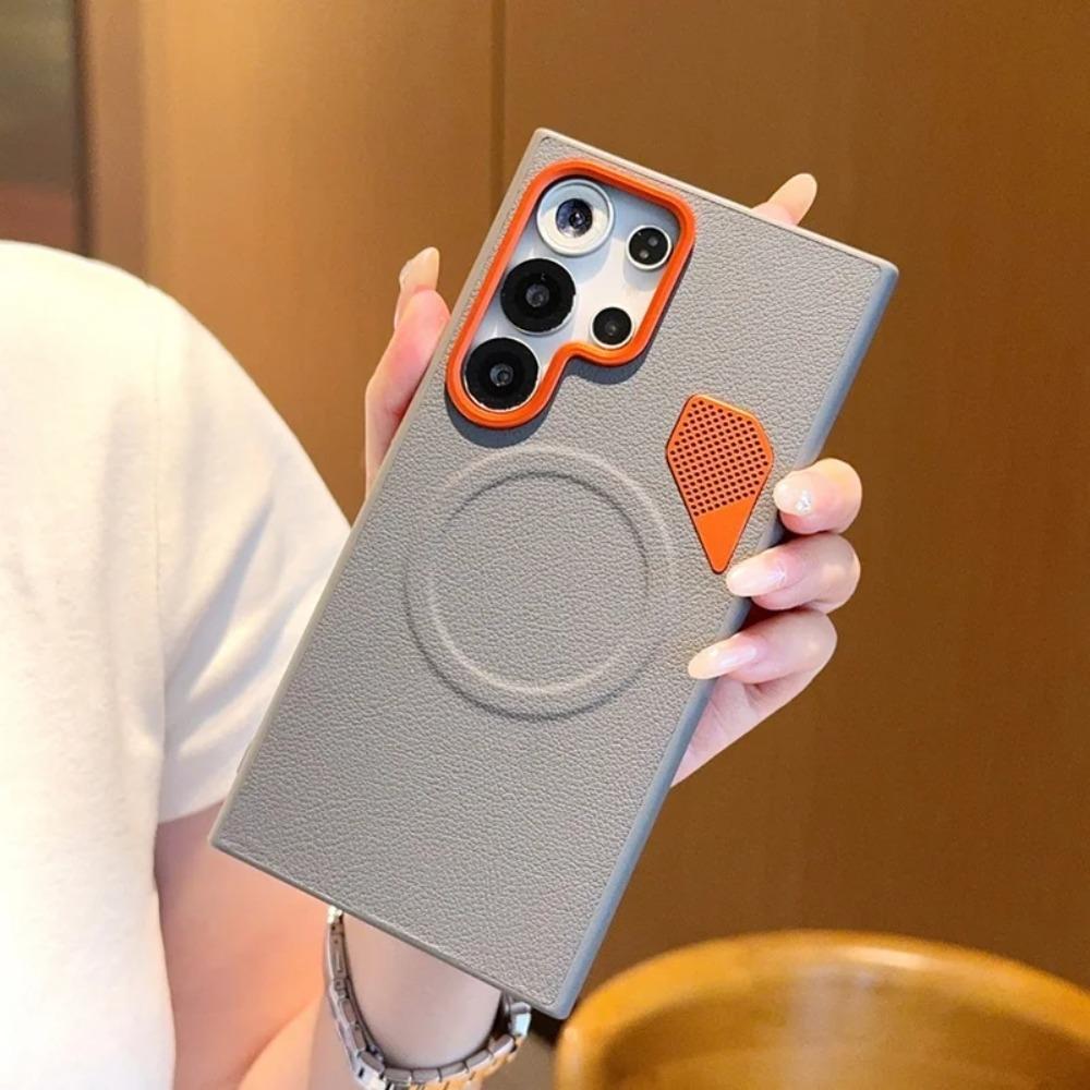 Business Smooth-touch Sle Leather Lens Magnetic Case For Samsung S26 Ultra S25 Edge S24 Plus Metal Heat Dissipation Holes Cover