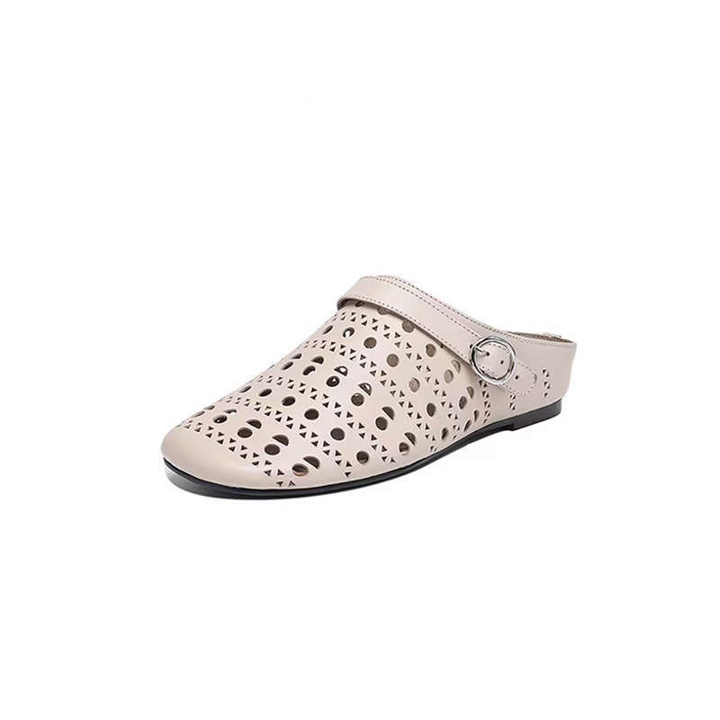 Hollow flat heel soft sole one-word buckle with lazy slippers 2025 new bag head thick heel fashion versatile sandals women