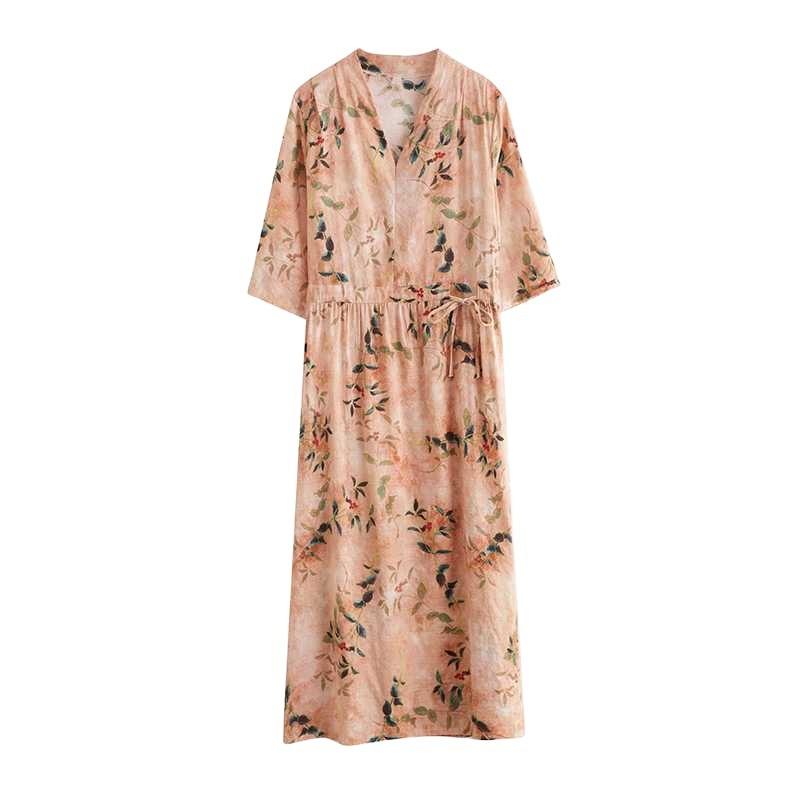 Plus Size V-ringad Långklänning Etniskt Tryckta Delade Ärmar Lös Midja Knytdetalj Klänningar