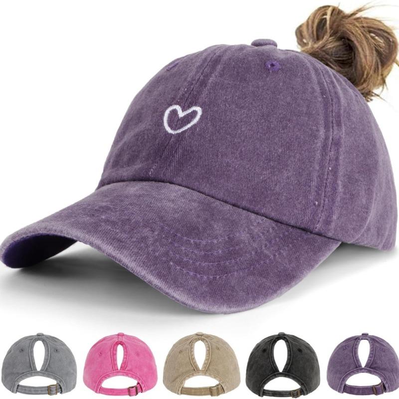 1 Stück Retro Gewaschene Baseballkappe mit Stickerei eines kleinen Herzens für den Pferdeschwanz für Damen, Verstellbare Damen-Kappe für den täglichen Gebrauch im Freien