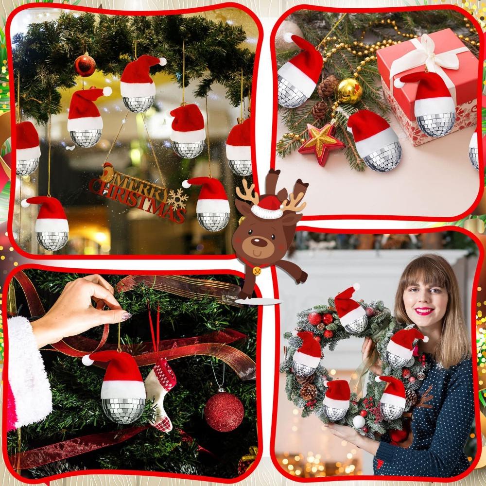 12pcs Christmas Decoration Balls Red Christmas Hat Mirror Disco Ball Pendant Xmas Tree Hanging Ornaments Home Party Decoration Gift