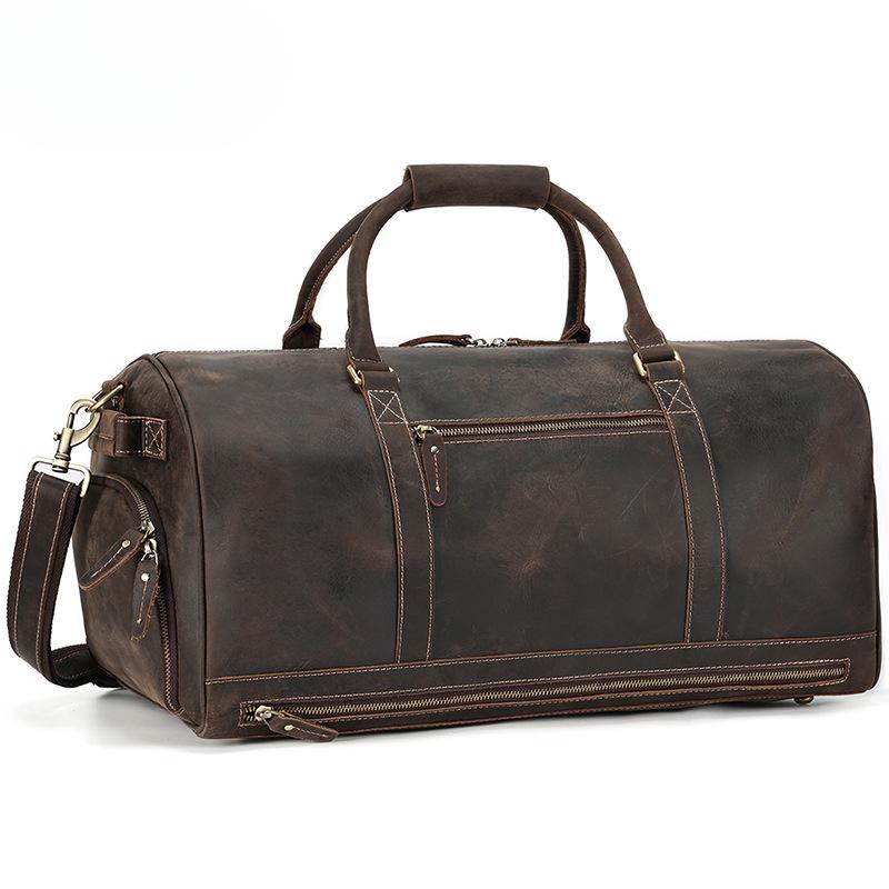 Mad Horse Leather Men's Bag Vintage Strap Shoe Bin Duffel Travel Bag Dry and Wet Separation Fitness Bag Genuine Leather Travel Bag for Men