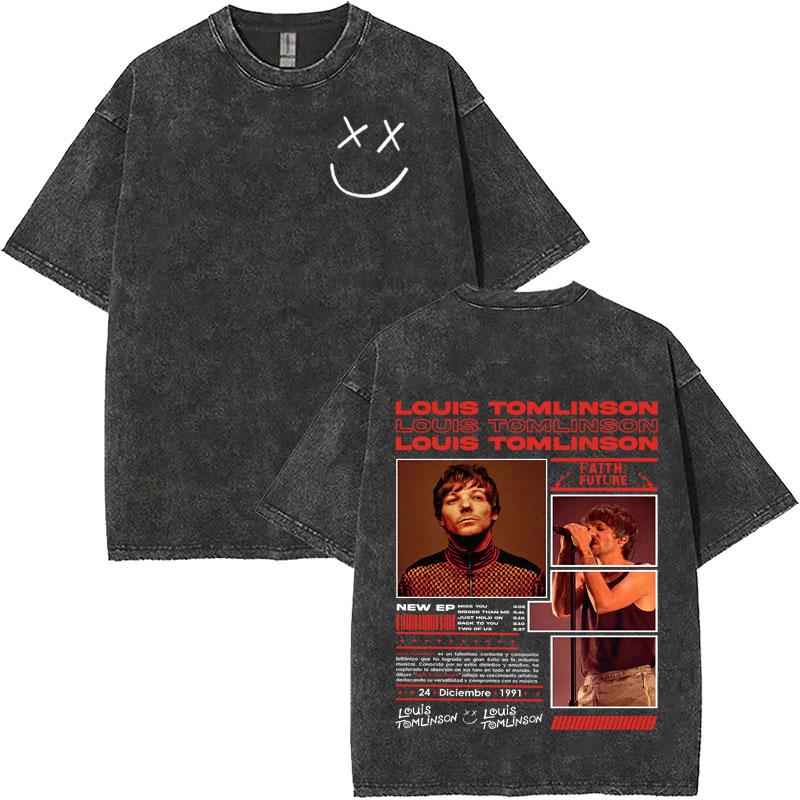 Singer Louis Tomlinson Hip Hop Album Vintage Washed Tee Shirts Mens Oversized Harajuku Casual Teenagers Tshirts Streetwear