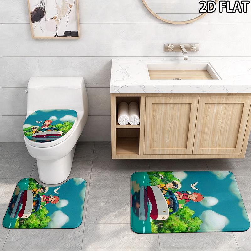 3pcs Ponyo2 Pattern Flannel Nonslip Absorbent Washable Decorative Bathroom Home Toilet Seat Cover Mat