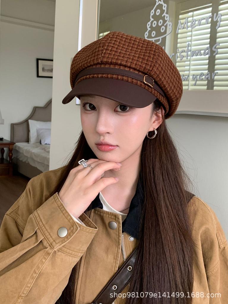 New retro plaid leather along octagonal hat children's autumn and winter trend metal buckle versatile fashionable face small painter hat
