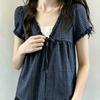 Summer new college style fake two-piece plaid short-sleeved shirt women's fungus edge loose and thin versatile top