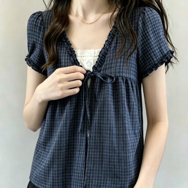 Summer new college style fake two-piece plaid short-sleeved shirt women's fungus edge loose and thin versatile top