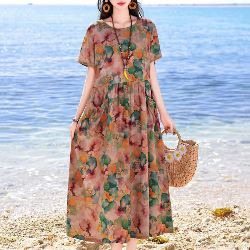 Vintage Print Lange Jurken voor Vrouwen Plus Size Korte Mouw Casual Zomerjurk Elegante Middelbare Leeftijd Dameskleding