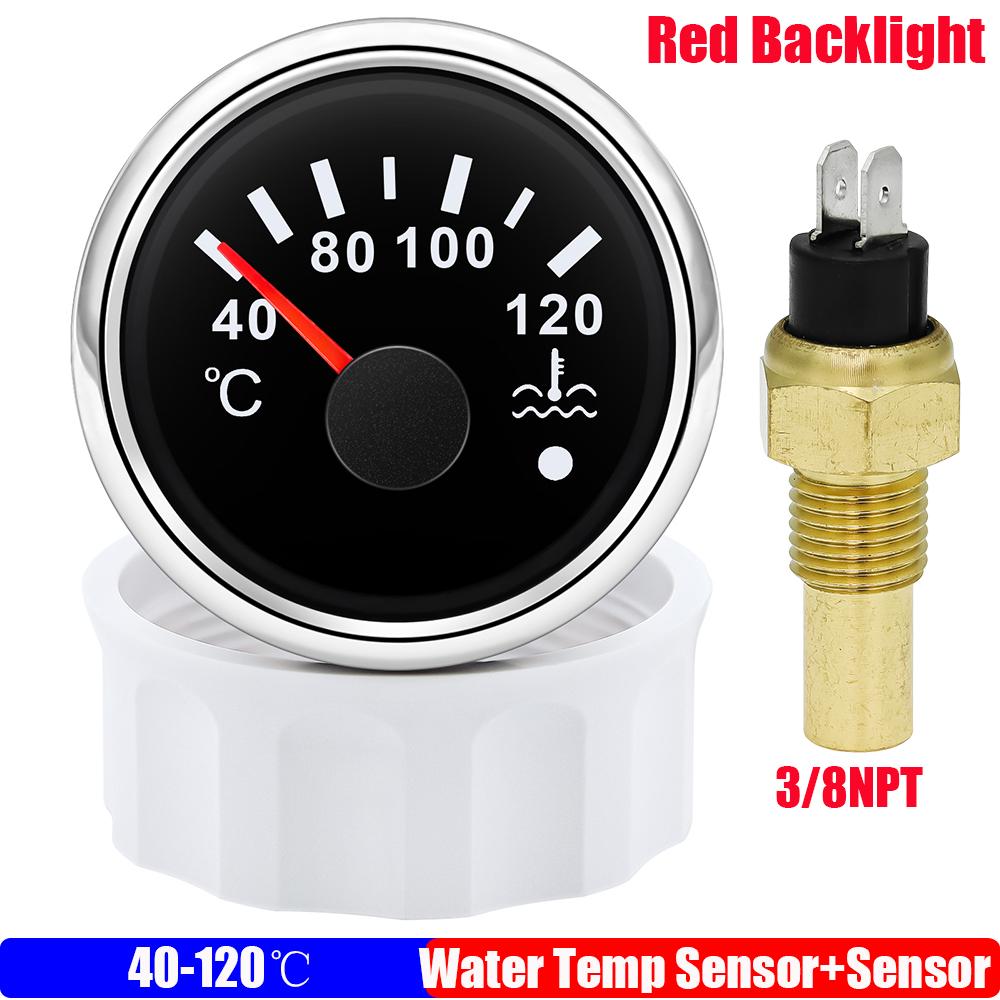 40~120 Celsius 52mm Water Temperature Gauge+Sensor with Flash Alarm Waterproof Red Light Water Temp Meter for Car Boat 12V 24V