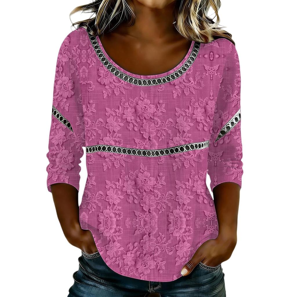 Women's Fashionable Casual Floral Print Seven Quarter Sleeved Round Neck T-Shirt Top
