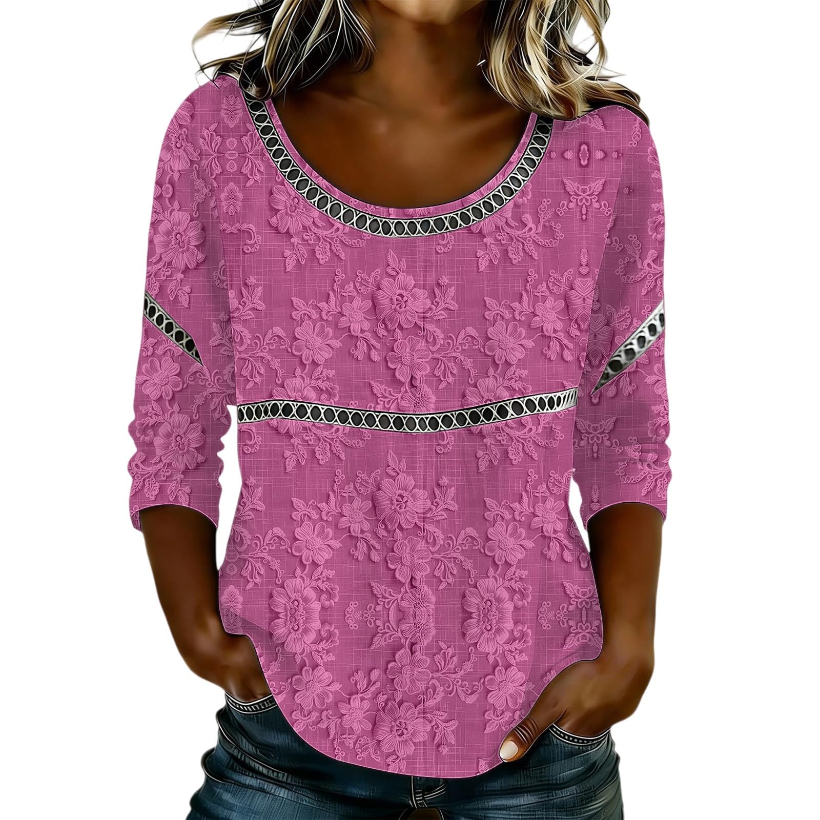Women’s Floral Lace Blouse with Round Neck and Hollow Out Long Sleeve Casual Loose Fit Top S
