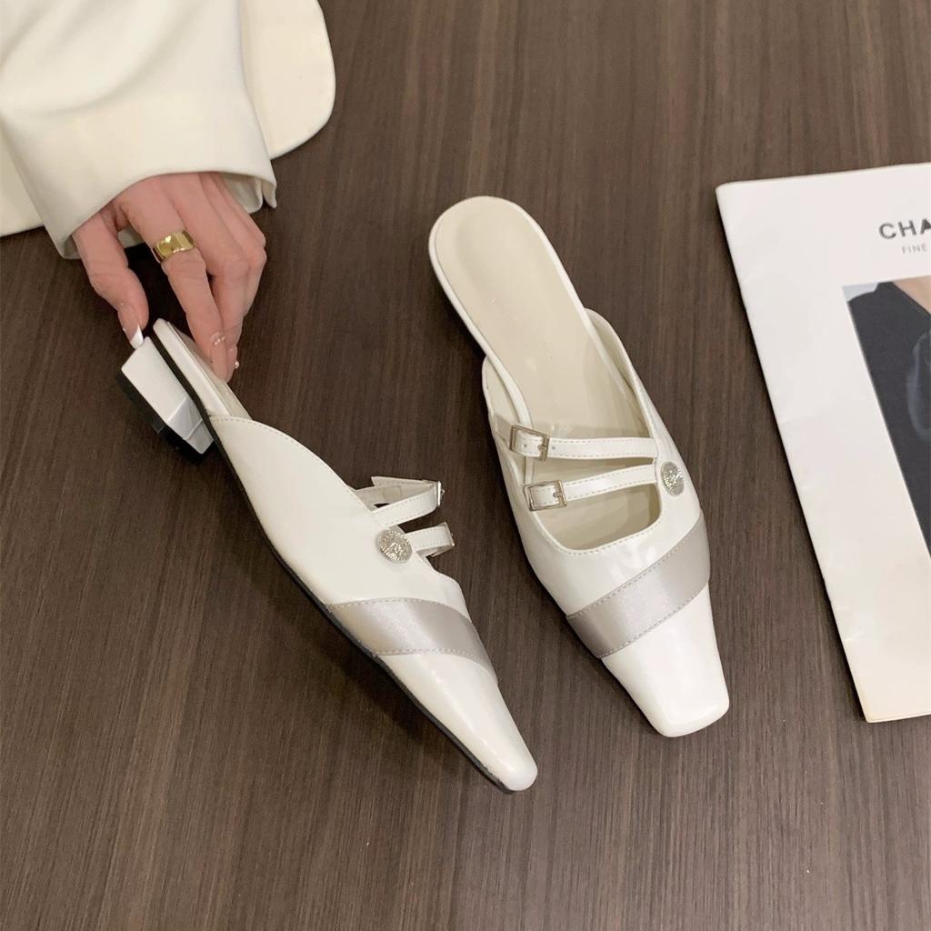 Temperament 2025 spring and summer fairy new thick heel single shoes shoes silver French half tray outer wear bag head half slippers