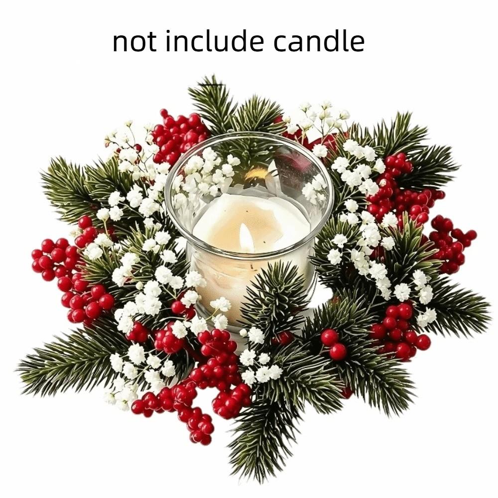 Flower Artificial Wreath Candle Rings Red Berry Pillar Candlestick Wreath Candle Holder Party