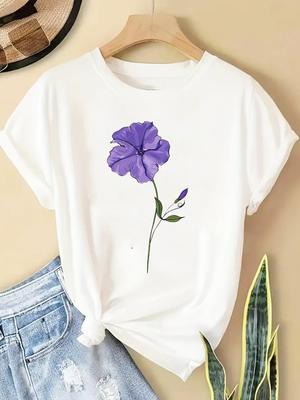 (Asian Size) Women Casual Short Sleeve T  Tee Top Clothing Shirt Fashion Flower Lovely 90s Printed Lady Female Graphic T-shirts