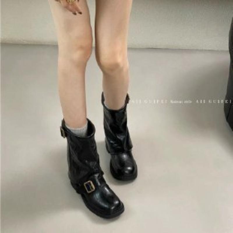 

Retro thick heel Martin boots women s autumn new short belt buckle niche high-end fashion trouser boots 35 чёрный