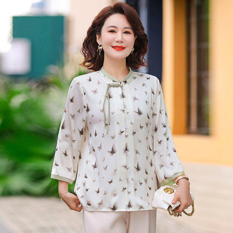 

Elegant Butterfly Print Chiffon Top for Middle-Aged and Elderly Women – Seven-Sleeve Summer Design 5XL білий