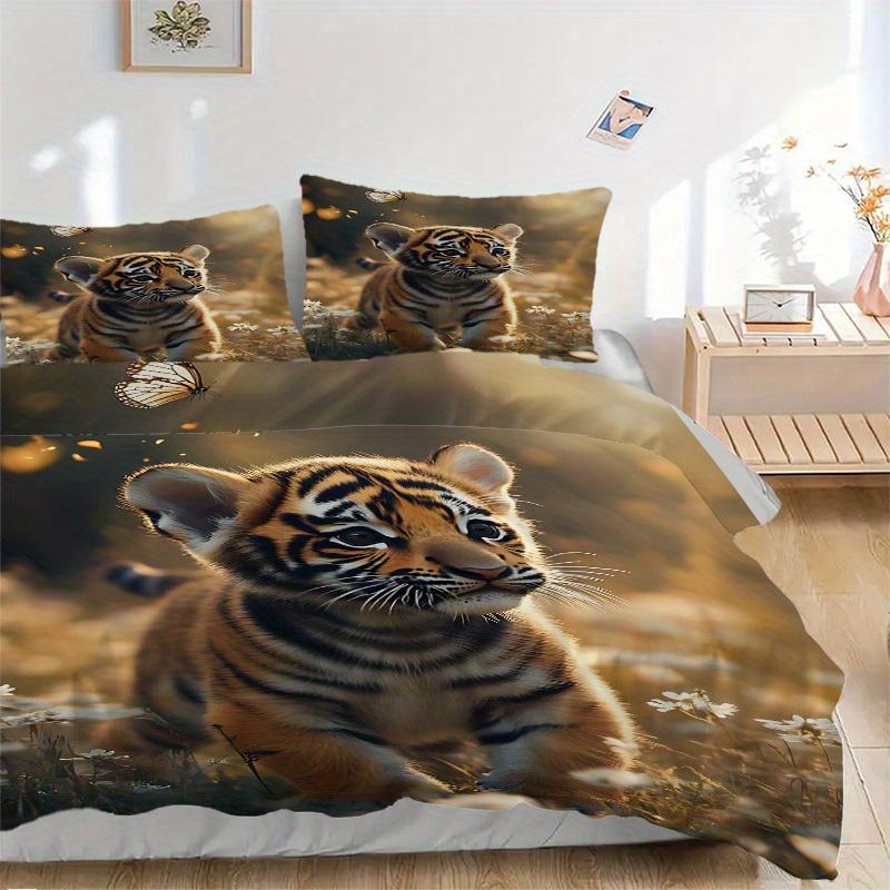 

3 шт. Комплект постельного белья с принтом тигренка, Дышащий и мягкий, Машинная стирка, Рождественский подарок, Подходит для украшения спальни, 15204 135x200cm