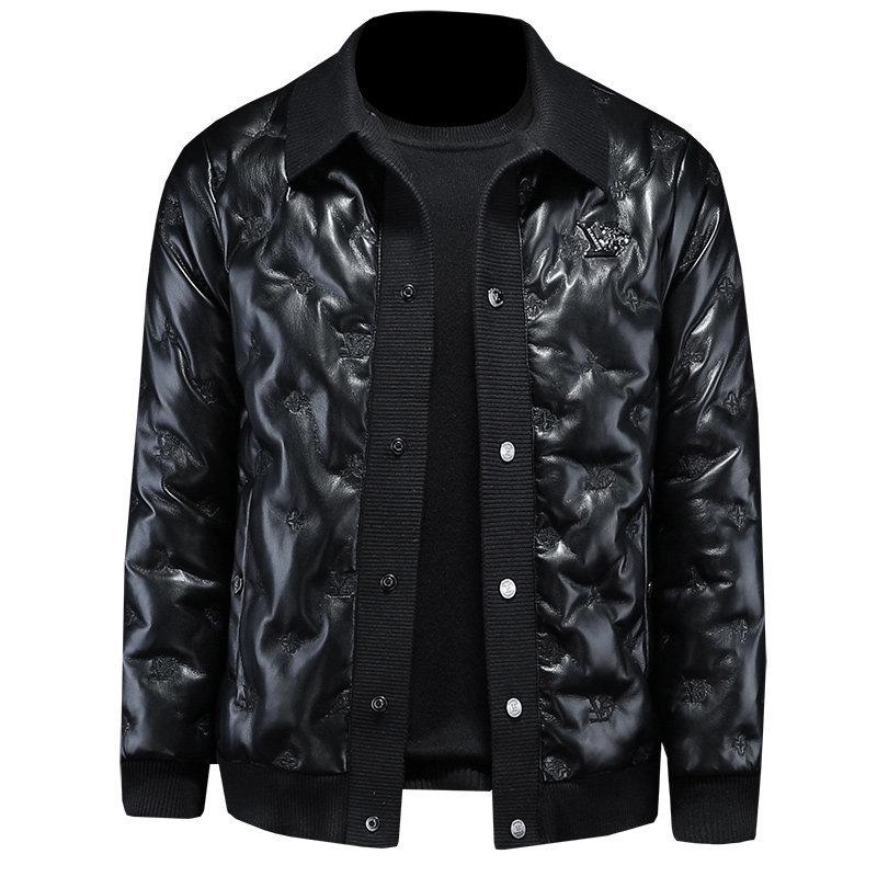 2024 Winter European Style Men's Casual Lapel PU Leather Down Jacket