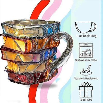 25-26 Bemalte Buchtasse, Handgefertigte Bunte Glasbuch-Kaffeetasse, Neuartige Einzigartige Bunte Acryl-Bücherstapel-Form Kaffeetasse Geschenke für Buchliebhaber Re