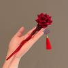 Retro Red Rose Hair Stick Elegant Bun Hairpin Festive New Year Atmosphere Women Hair Accessories