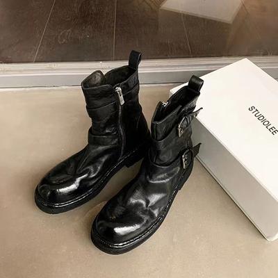Grape Mom Washed Shrinkage Soft Leather Skinny Short Boots Women's Double Belt Buckle Locomotive Martin Boots