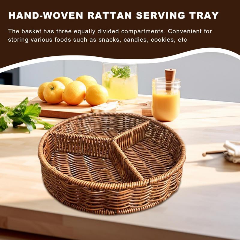 Imitation Rattan Basket Storage Box 3 Grids Round Coffee Table Tray Ingredients Classification Box Living Room Fruit Basket