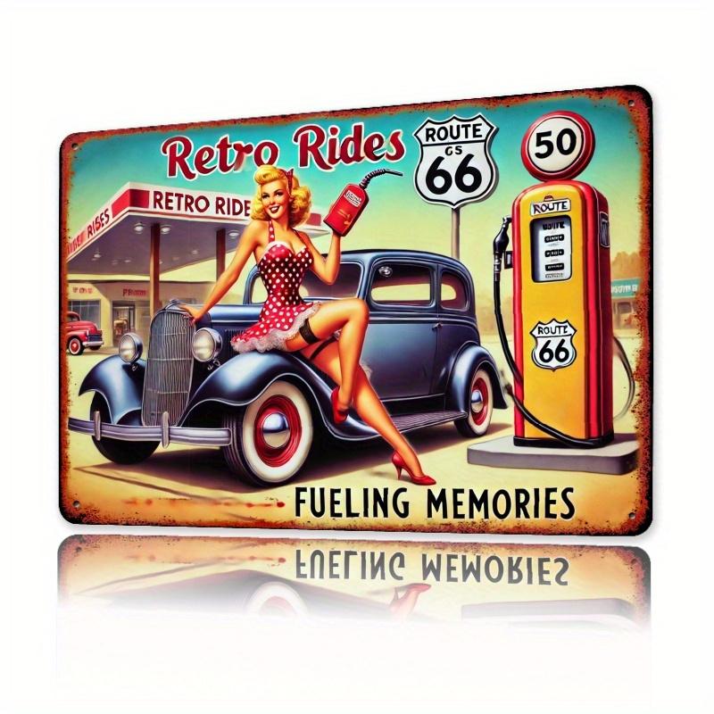 

Vintage 66 Route Wall Art Metal Sign Retro Gas Station Car Illustration for Cafes Living Room Bedroom Club Decor Nos 20x30cm（7.8x11.8inch）