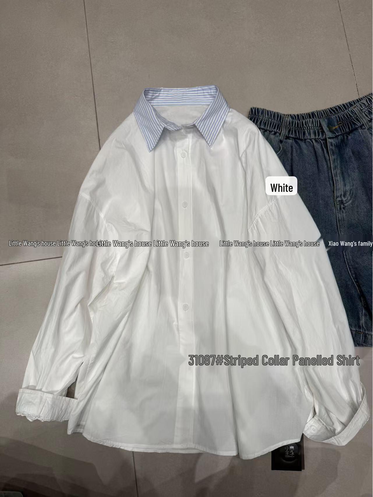 

Xiao Wang Рубашка в корейском стиле большого размера с цветным блочным воротником, белая, с длинным рукавом, для женщин One Size белый