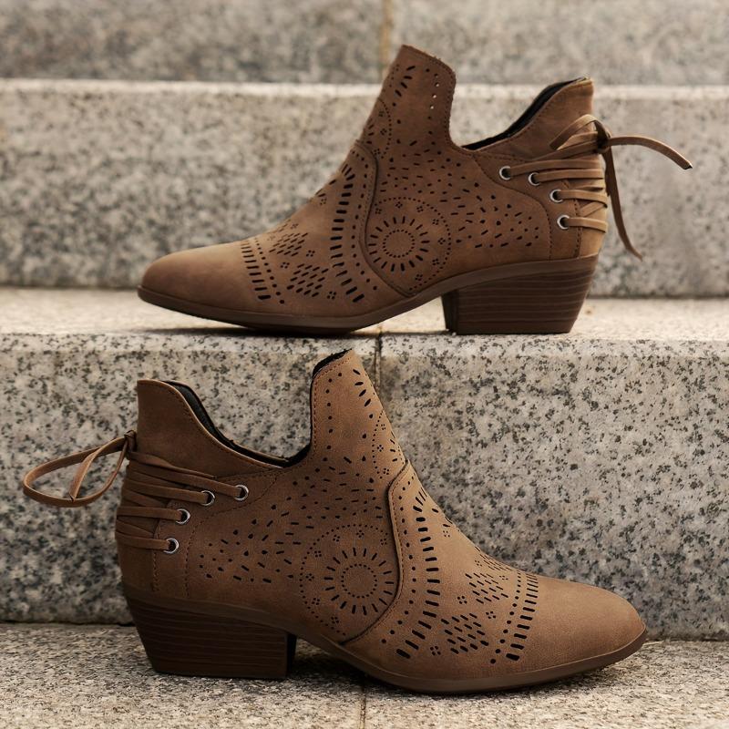 Sleek Silhouette, Chic Women's Slip-On Ankle Boots with Chunky Heel - Faux Cover, Breathable Hollow Design, Versatile Solid Color