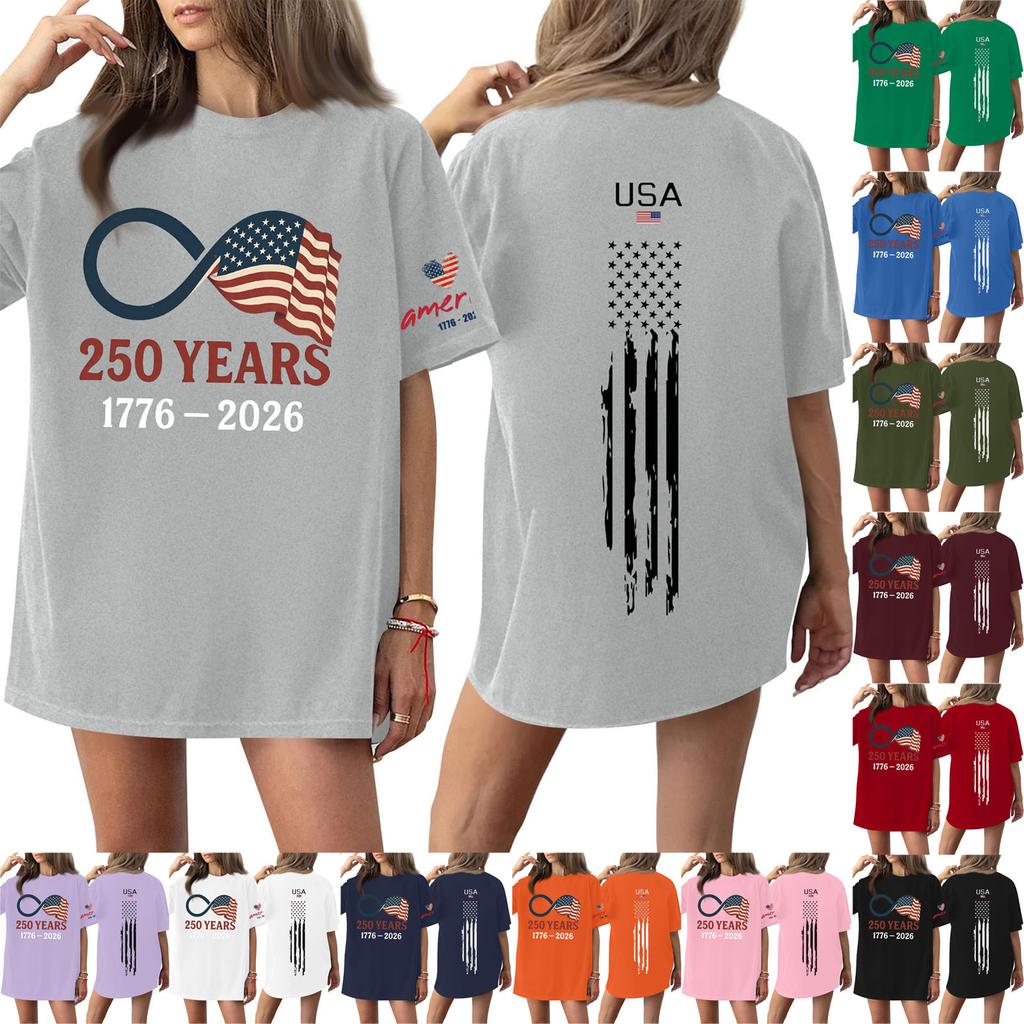 Damski casualowy modny top T-shirt z okrągłym dekoltem, krótkim rękawem i casualowym nadrukiem