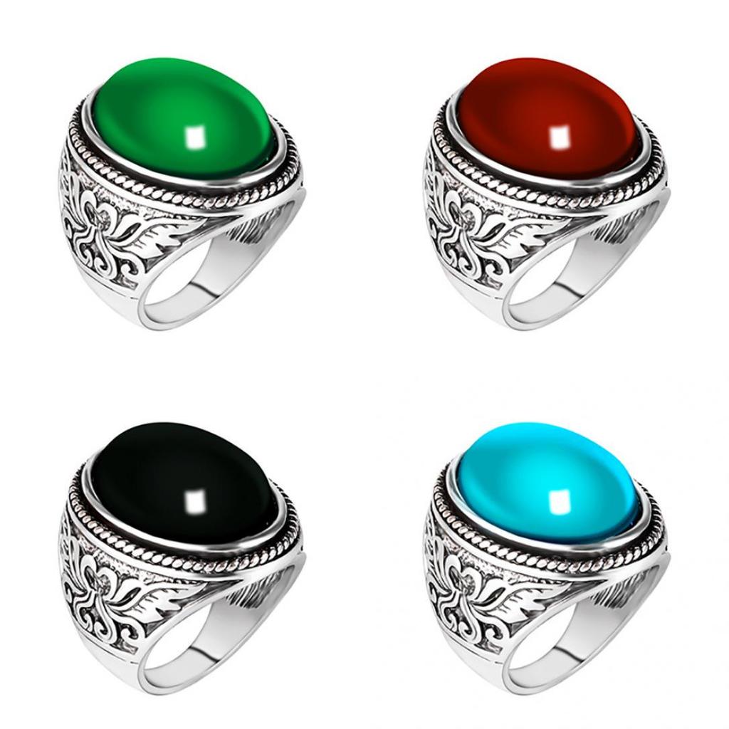 Men Vintage Artificial Gem Finger Ring Carving Band Jewelry Party Banquet Gift