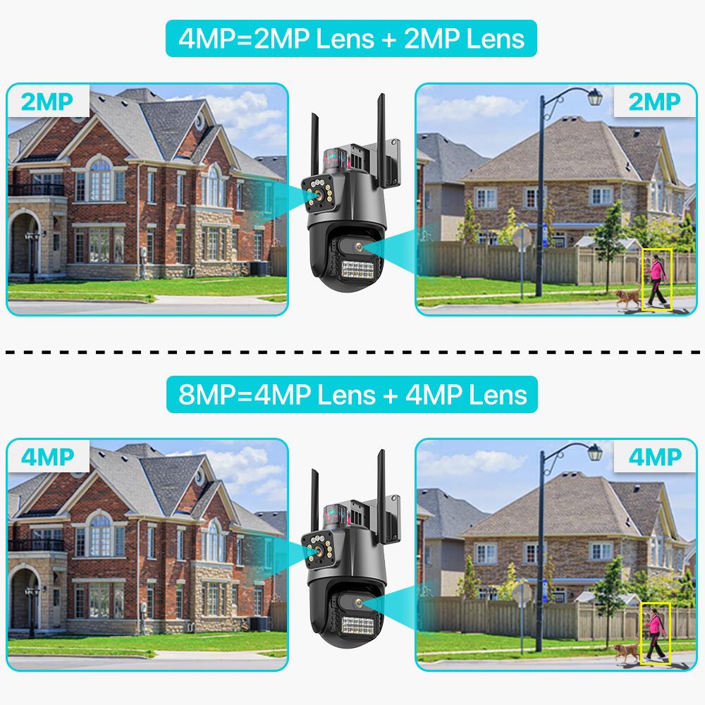 Outdoor-WLAN-PTZ-Kamera 4K 8MP HD Dual-Objektiv Dual-Screen-Kamera AI Auto Tracking 4MP Videoüberwachung Polizei Lichtalarm iCSee