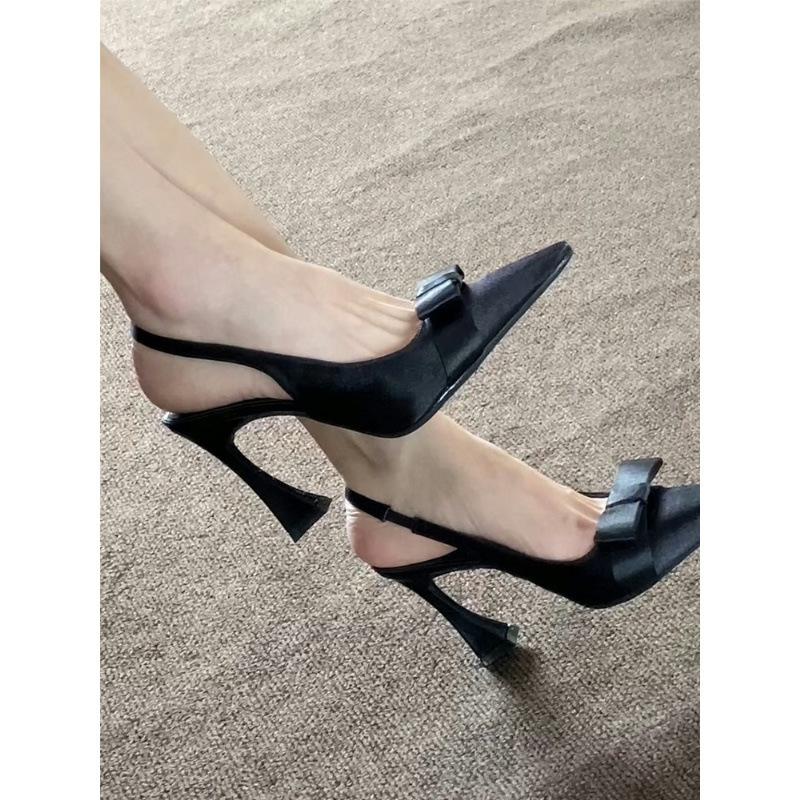 Black pointed bow thick heel high heels women's versatile sexy back empty word with sandals