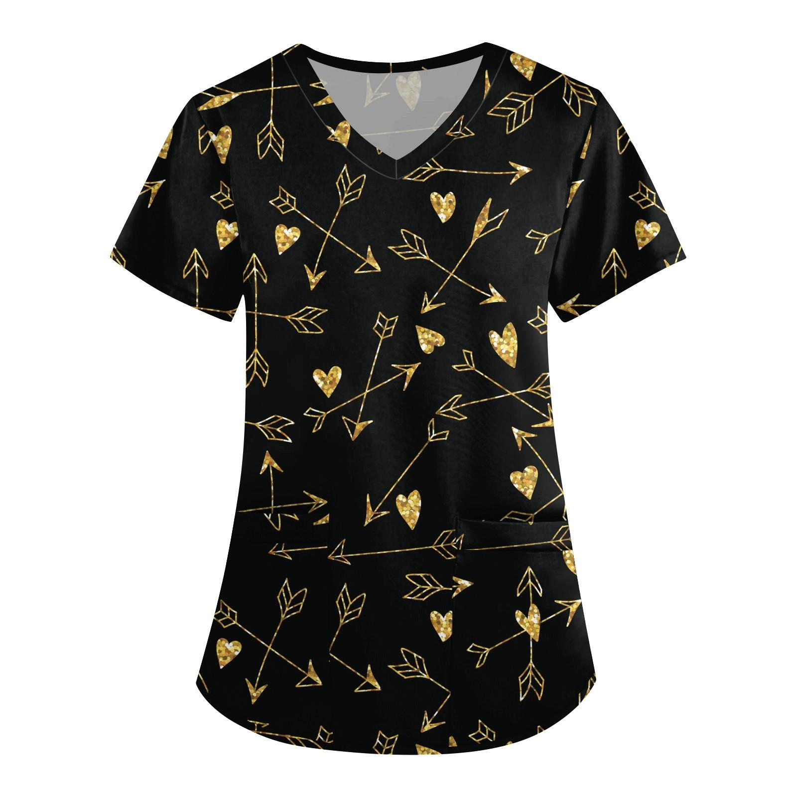 

Женская симпатичная принтованная рабочая одежда с V-образным вырезом, двухслойными карманами, базовым коротким рукавом, пуловером ко Дню святого Валентина XL жёлтый