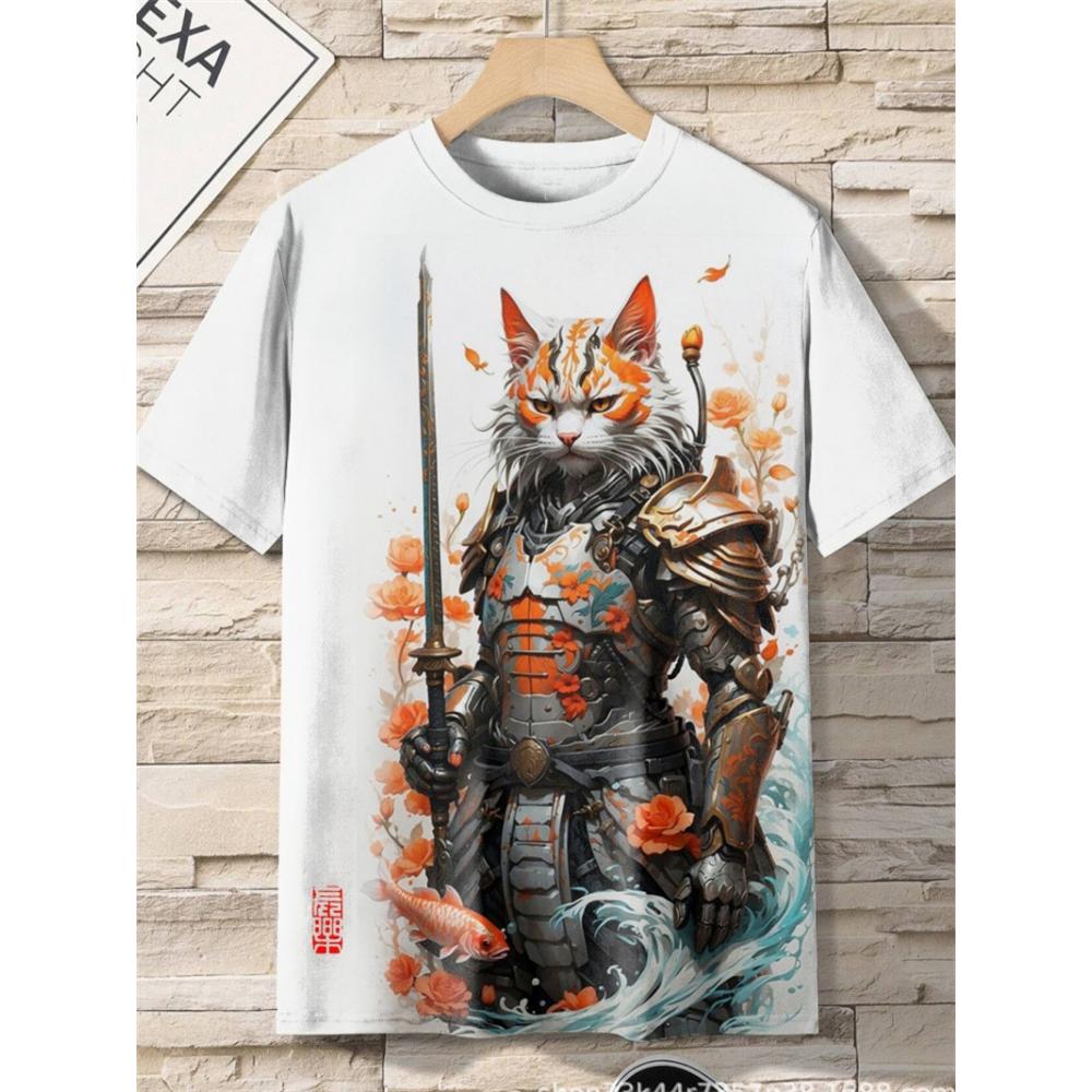 Japanese Style Samurai Cat Graphic T Shirt For Men Causal 3D Printed O Neck Short Sleeve Tees Outdoor Oversize Men Clothing Tops