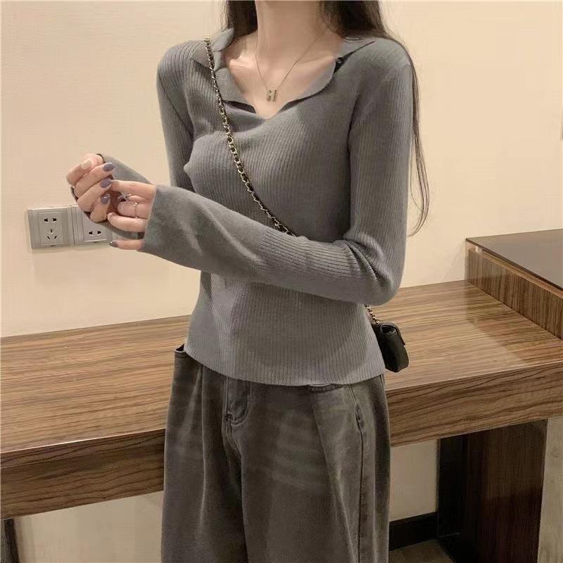 Lapel Base Layer Sweater Women Autumn Winter Womenswear Slim Soft Knit Top