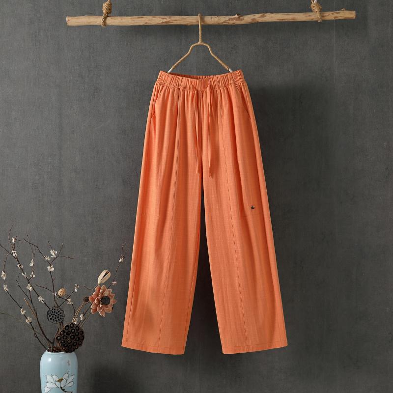 Women Summer Cotton Hemp Cropped Pants Mid-Rise Elastic Waistband Casual Pants Solid Color