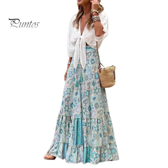 

Женская юбка для отпуска, эластичная трапециевидная юбка с высокой талией на шнуровке, большие качели с красочным принтом, гофрированная лоскутная одежда в богемном стиле, пляжное длинное платье в полный рост M синий