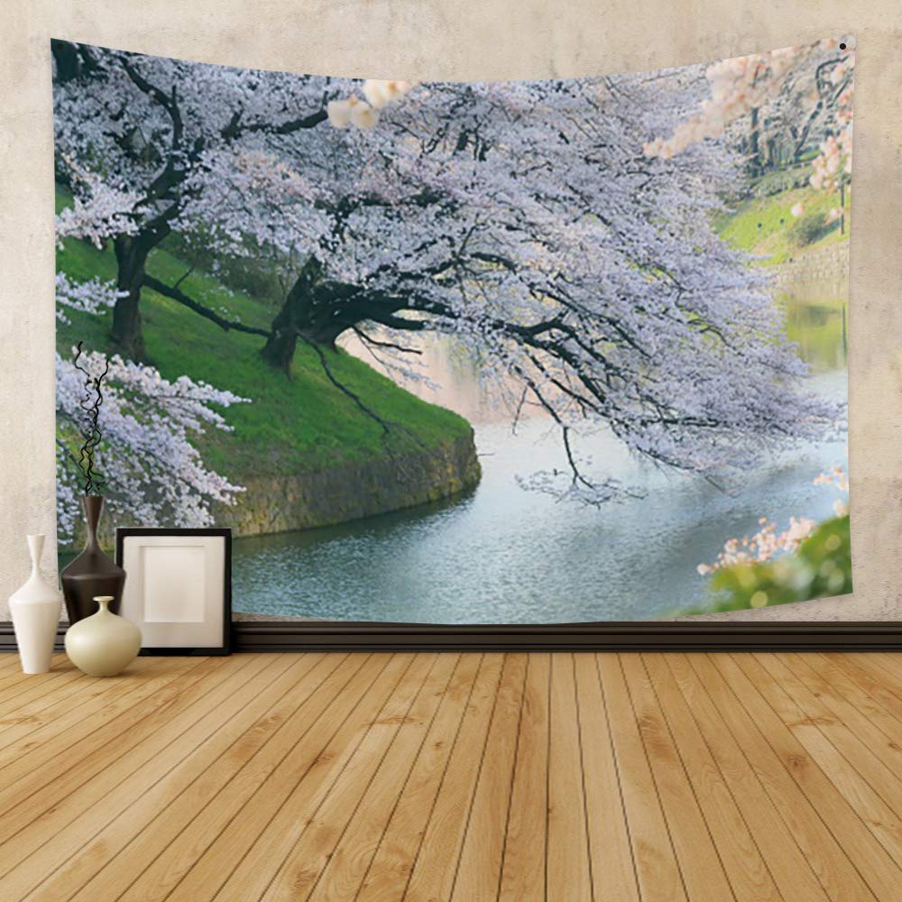 Sakura Tapestry Pink Japanese Cherry Blossoms Tapestries Spring Sunset Landscape Tapestry Wall Hanging for Bedroom Decoration
