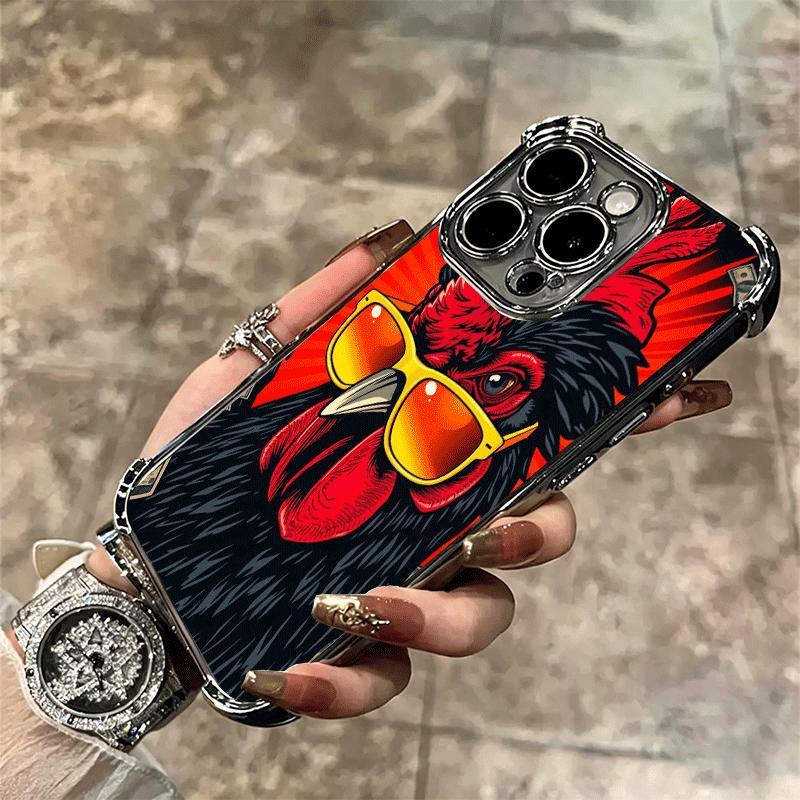 Chicken Hen Rooster Plating Phone Case For Iphone 16 17 Pro Max Air 16E 14 15 Plus 12 13 Mini Anti-Fall Airabag Cover