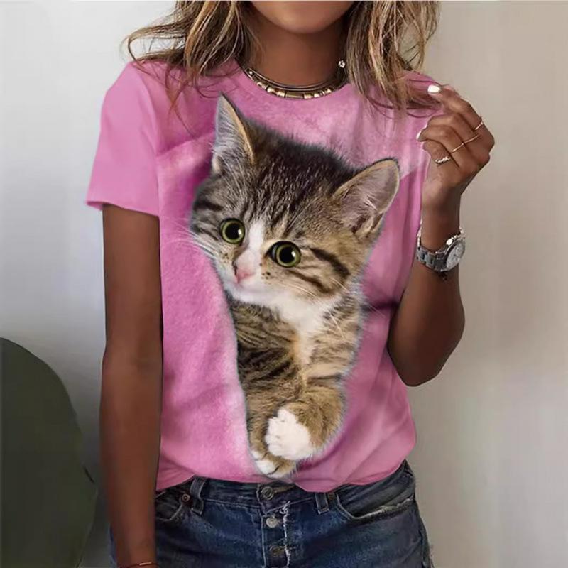 Sommer Rundhals 3D Katzenprint Top Modische Lässige Kurzarm Damen T-Shirts